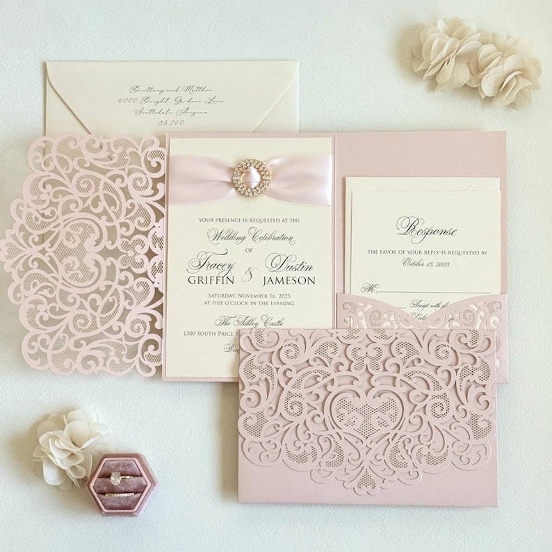 Laser cut Invitation Rose Gold Wedding Invitation Elegant Glam Custom Invite Design