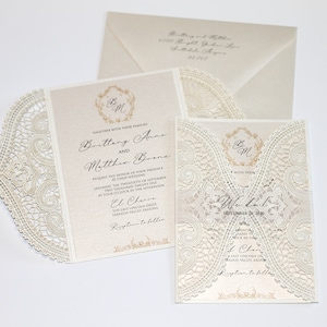 Ivory Lace Wedding Invitation, Elegant Gold Wedding Invite, Laser cut Invitation, Vintage Glam Monogram - Printed Invitation - BRITTANY