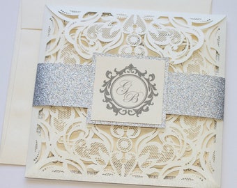 Lace Wedding Invitation | Elegant Wedding Invite | Laser Cut Wedding Invitation | Ivory & Silver Glitter | Winter Wedding | GOLDIE Sample