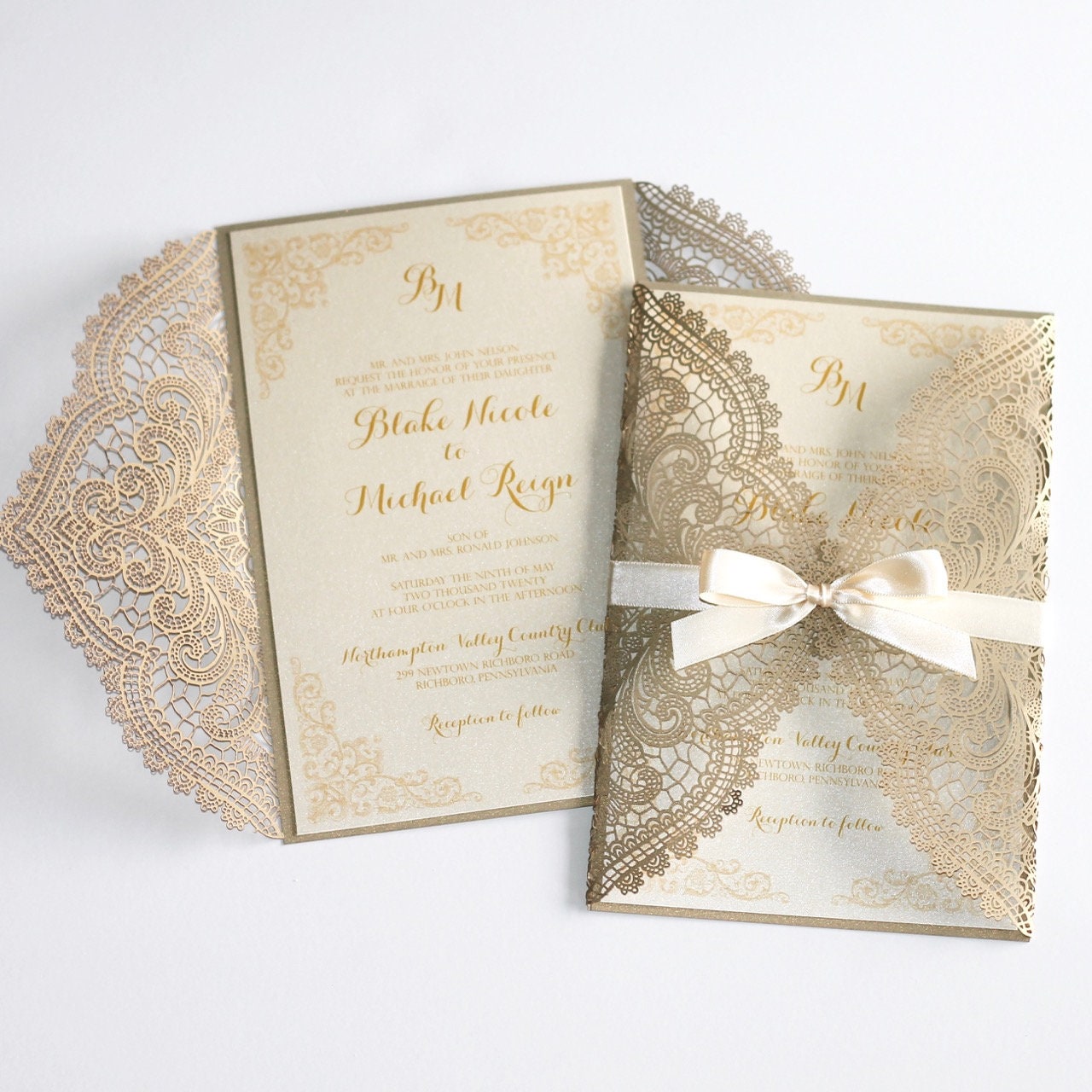 Luxury Ivory and champagne laser cut pocket invitation with dior bow and  pearl embelishment