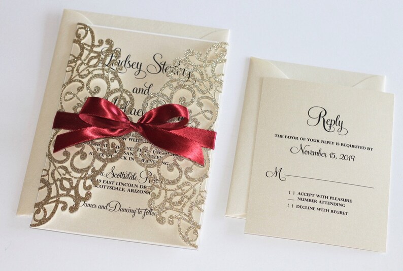 Gold Glitter Invitation Lace Wedding Invitation Elegant Etsy