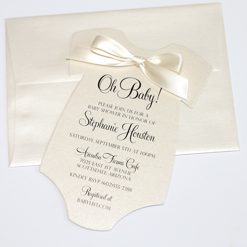 Gender Neutral Baby Shower Invitation Creme Ivory Shower Invitation Bow Onesie Invitation Simple Baby Shower Printed Invitation image 2