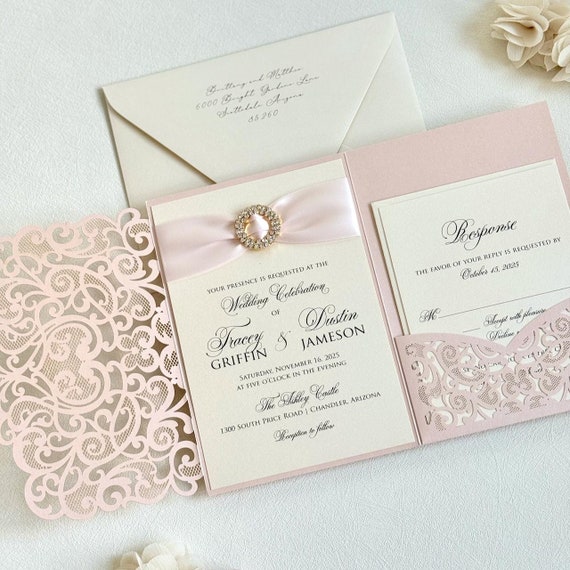 Luxury Wedding Invitation Suite Pink Wedding Invite Laser cut Invitation Rose Gold Wedding Invitation Elegant Glam Custom Invite Design