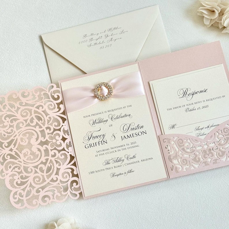 Luxury Wedding Invitation Suite Pink Wedding Invite Laser cut Invitation
