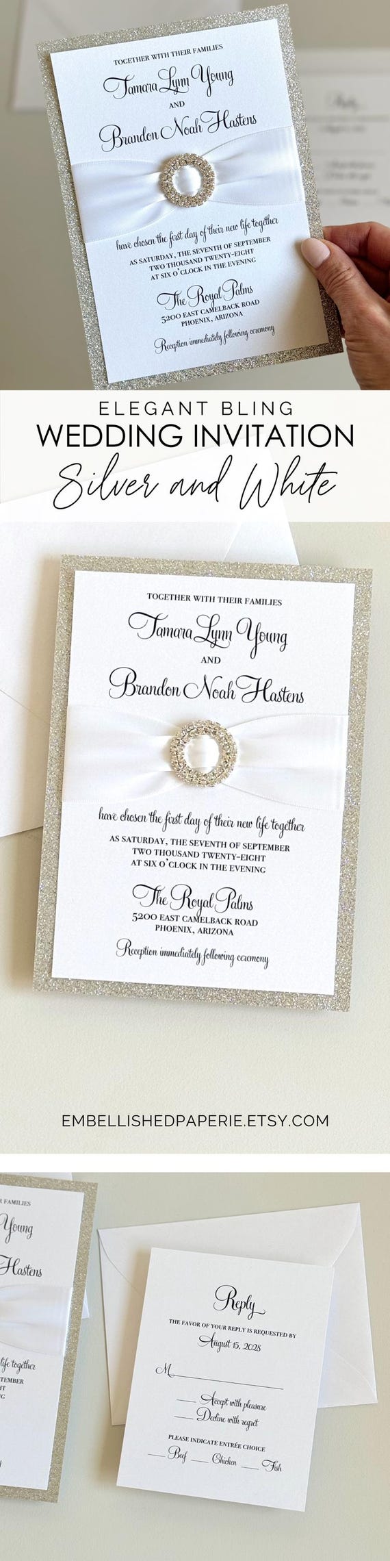 Silver Glitter Wedding Invitation Elegant Wedding Invitation Printed  Handmade Custom Bling Glam Invite With Crystal Embellishment and Ribbon -  Etsy, image size:570x2280