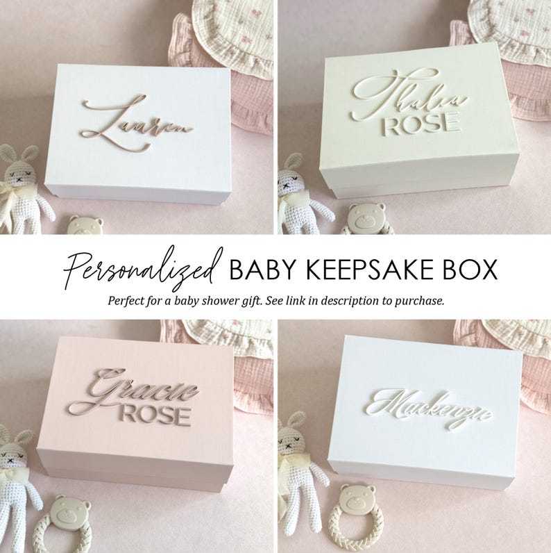 May include: Four white and pink personalised baby keepsake boxes with different names on each. The boxes are perfect for storing baby keepsakes and mementos.