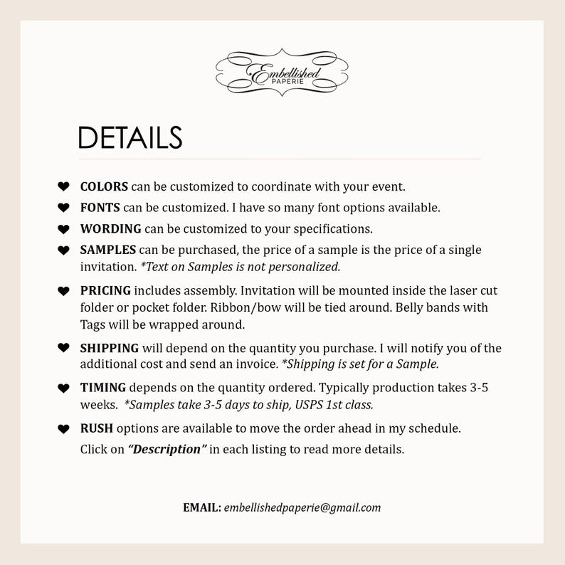 May include: Details for a custom invitation service. The text includes information about colors, fonts, wording, samples, pricing, shipping, timing, and rush options. The email address for the service is also included.