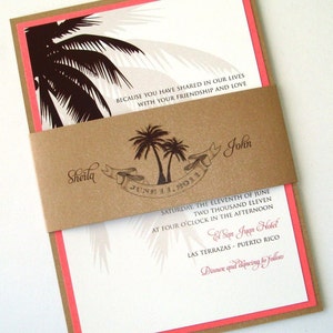 Beach Wedding Invitation Palm Tree Invitation Destination Wedding Invitation Tropical Tan, White, Brown and Coral Sheila Sample image 1