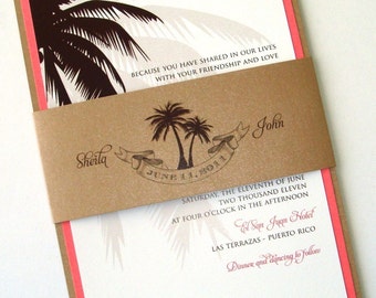 Beach Wedding Invitation - Palm Tree Invitation - Destination Wedding Invitation - Tropical - Tan, White, Brown and Coral - Sheila Sample