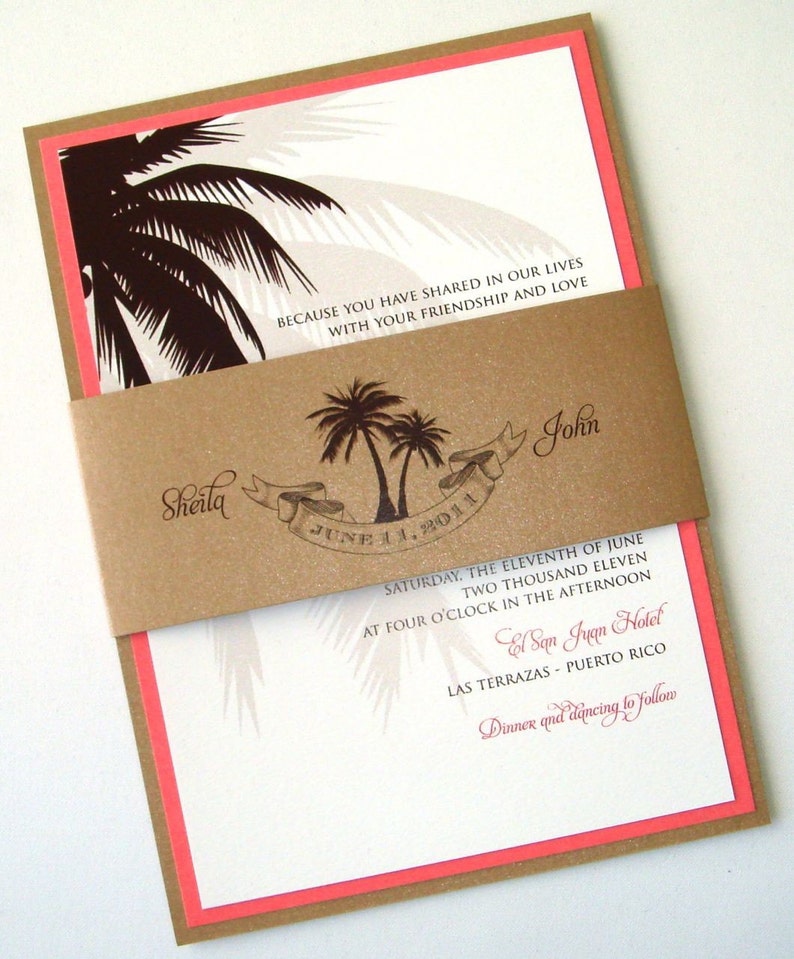 Beach Wedding Invitation Palm Tree Invitation Destination Wedding Invitation Tropical Tan, White, Brown and Coral Sheila Sample image 1