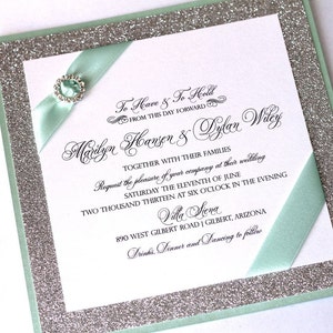 Marilyn Custom Glitter Wedding Invitation Couture Invitation Crystal Buckle Silver Glitter, Mint Green and White Sample image 1