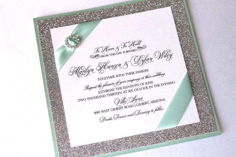Marilyn Custom Glitter Wedding Invitation Couture Invitation Crystal Buckle Silver Glitter, Mint Green and White Sample image 1