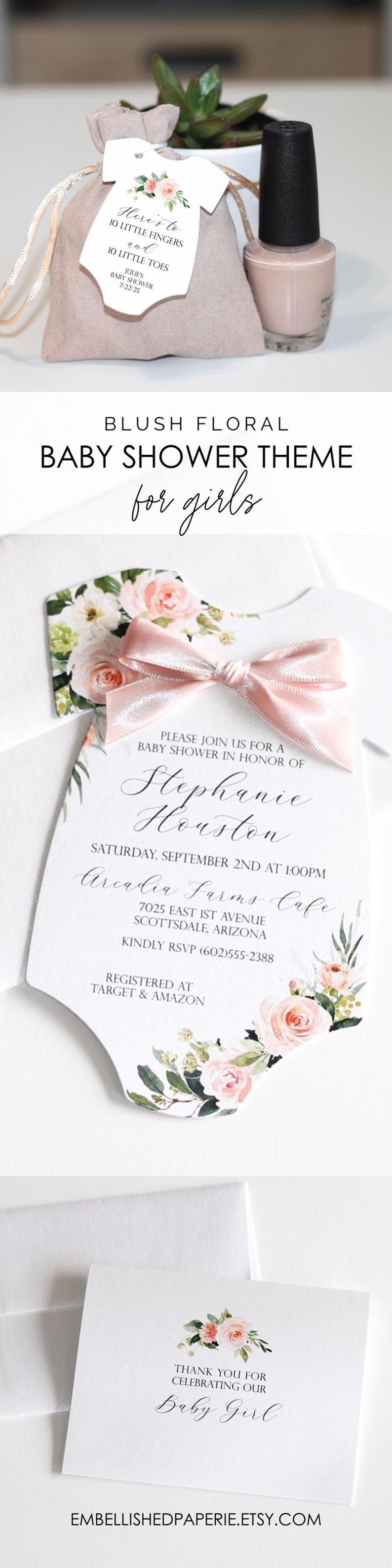 May include: Blush floral baby shower theme for girls invitation with pink ribbon and floral design. The invitation says "Please join us for a baby shower in honour of Stephanie Houston" and includes the date, time, location, and RSVP information. The invitation also includes the text "Registered at Target & Amazon".