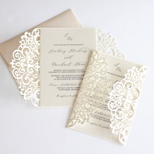 Ivory Wedding Invitation | Lace Laser cut Wedding Invite | Elegant Wedding Invite | Classic Wedding | Creme Neutral  | LINDSEY | Printed