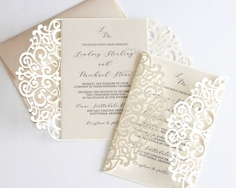 Ivory Wedding Invitation | Lace Laser cut Wedding Invite | Elegant Wedding Invite | Classic Wedding | Creme Neutral  | LINDSEY | Printed