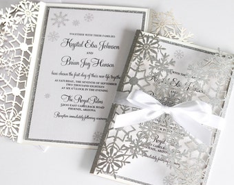 Winter Wedding Invitation | Snowflake Invitation | Elegant Wedding Invite | Laser Cut Invite |  Silver Glitter | KRYSTAL | Printed