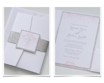 Gemma Glitter Wedding Invitation, White, Silver Glitter, Blush Pink, Elegant Wedding Invitation - Wedding Stationery - Handcrafted - Sample