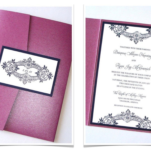 Brianna Floral Pocketfold Wedding Invitation Sample - Plum Purple, Navy, White