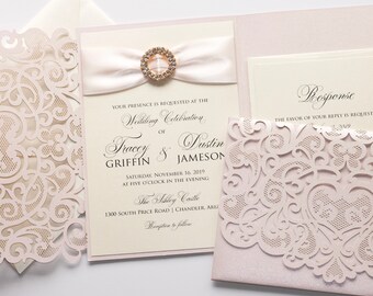 Blush Pink Wedding Invitation, Luxury Wedding Invite, Laser cut pocket fold Invitation, Rose Gold Wedding, Printed Wedding Invite, TRACEY