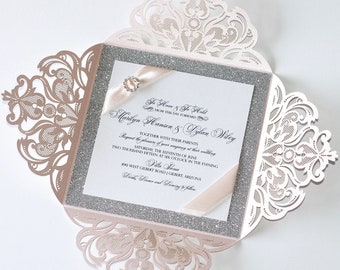 Pink Wedding Invitation | Elegant Wedding Invite | Laser Cut Wedding Invite | Silver Glitter Invitation | MARILYN | Printed Invite