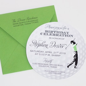 May include: A white and green golf ball invitation with black text. The invitation is for a birthday celebration in honor of Stephen Driver. The event will be held on Saturday, April 21st, 2018 at 5:00 p.m. sharp at Topgolf, 1030 Memorial Brook Blvd., Houston, Texas. Please RSVP to Michelle at (222) 555-1234.