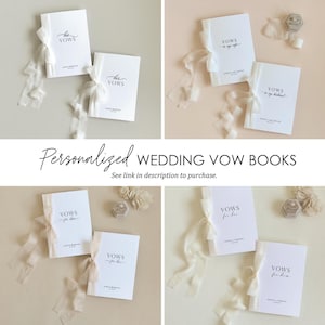 May include: Four white wedding vow books with ribbon ties, arranged in a square. The books have text that reads "His Vows", "Vows to my wife", "Vows for her", and "Vows for him". The text "Personalized WEDDING VOW BOOKS" is also visible.