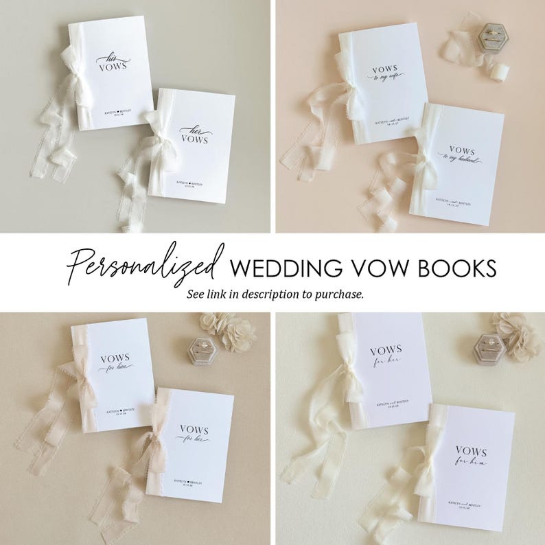 May include: Four white wedding vow books with ribbon ties, arranged in a square. The books have text that reads "His Vows", "Vows to my wife", "Vows for her", and "Vows for him". The text "Personalized WEDDING VOW BOOKS" is also visible.