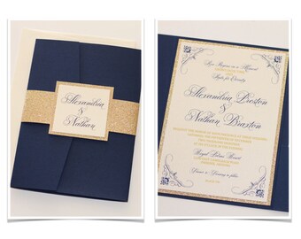 Alexandria Navy Blue and Gold Glitter Wedding Invitation, Pocketfold Invitation, Elegant Wedding Invitation - Wedding Stationery - Sample