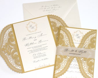 Gold and Ivory Wedding Invitation, Elegant Lace Invitation, Laser cut Wedding Invite, Vintage Glam Monogram - Printed Invitation - BRITTANY