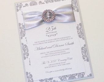 25th Wedding Anniversary Invitation, Embellished Wedding Invitation,  Elegant Invitation Damask Wedding Invite Silver Glam Invitation 