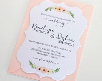 Vintage Floral Wedding Invitation, Elegant Wedding Invitation, Watercolor Wedding Invitation, Romantic Wedding, Blush - Penelope Sample