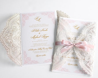 Blush Pink Wedding Invitation, Elegant Lace Invitation, Laser cut Wedding Invite, Vintage Glam Invitation - Printed - BLAKE