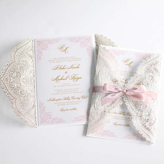 Pink Blush Lace Laser Cut Floral Wedding Invitations All in one Invite BH6023 