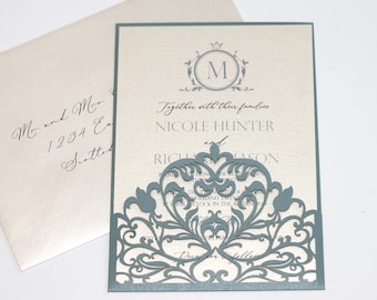 Dusty Blue Wedding Invitation | Lace Laser cut Wedding Invite | Elegant Wedding Invite | Classic Wedding | Creme Neutral  | NICOLE | Printed