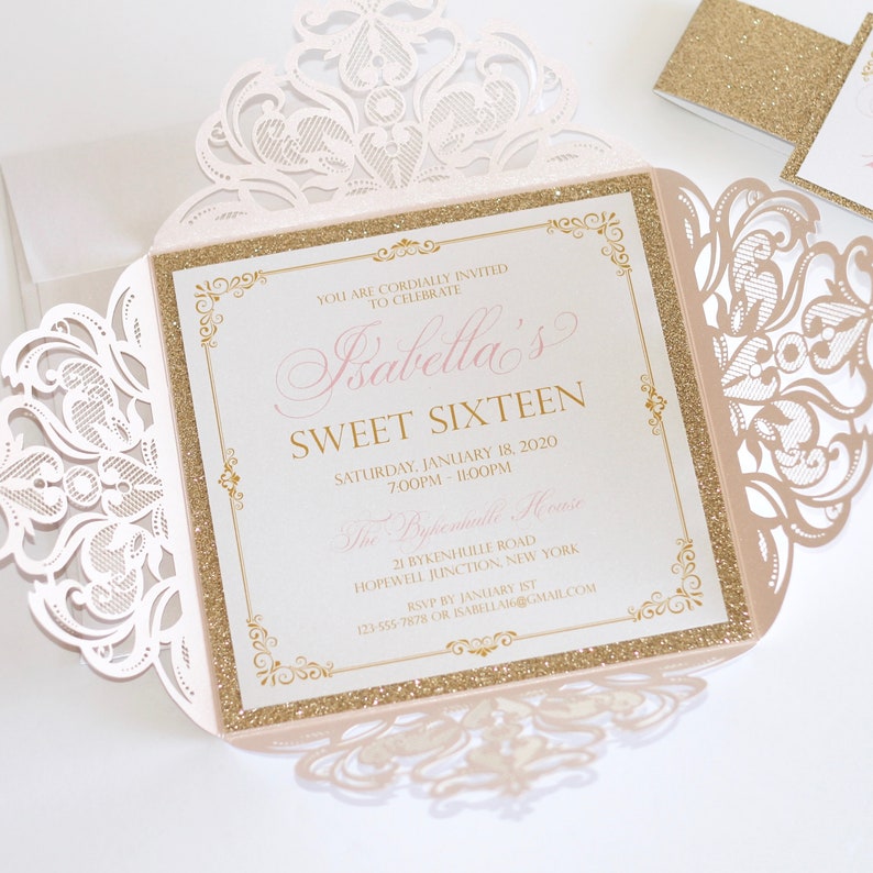 Blush And Gold Sweet 16 Invitations Laser Cut Glitter Etsy