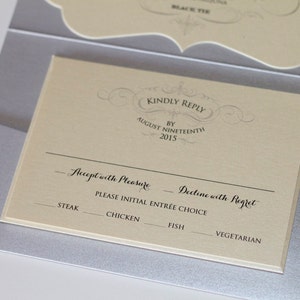 Hayden Die-cut Glitter Wedding Invitation Pocket fold Vintage Wedding Invitation Ivory metallic, Silver Glitter Sample image 5