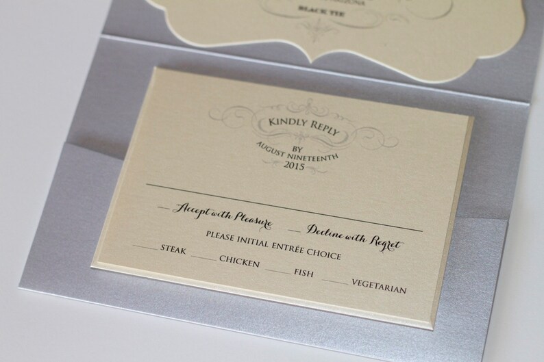 Hayden Die-cut Glitter Wedding Invitation Pocket fold Vintage Wedding Invitation Ivory metallic, Silver Glitter Sample image 5