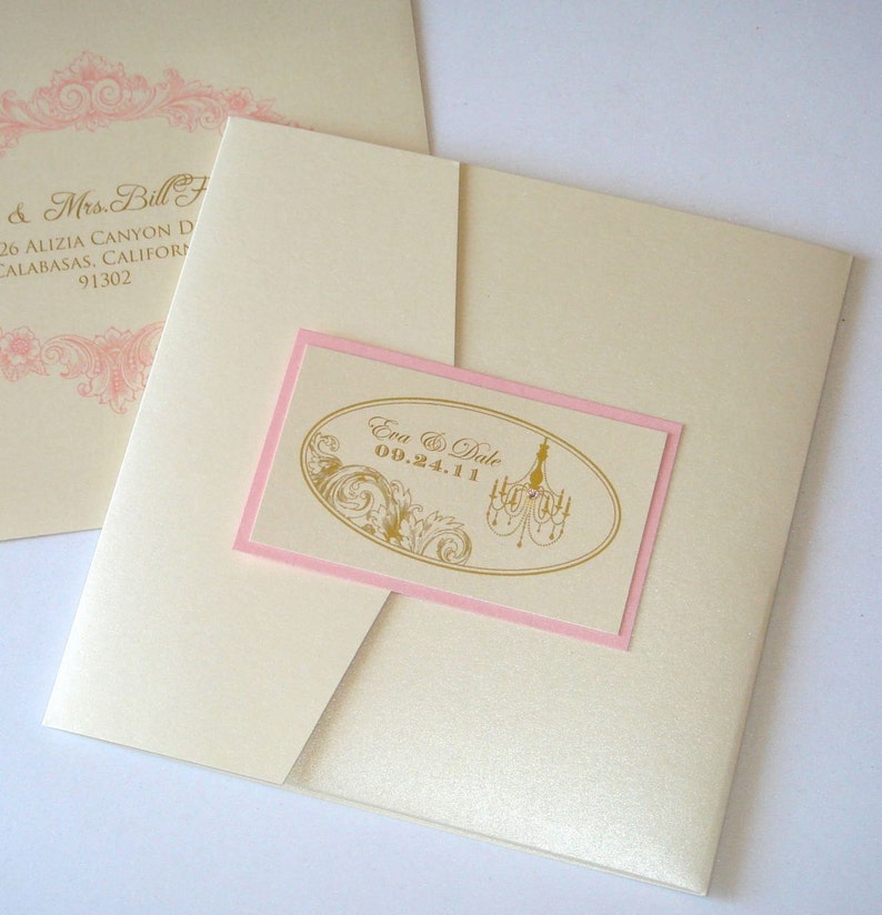 Eva Vintage Wedding Invitation Square pocket fold Custom Wedding Invitation Ecru, Gold and Light Pink Sample image 1