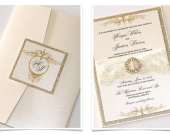 Glitter Wedding Invitation, Lace Wedding Invitation, Vintage Wedding Invitation, Elegant Wedding Invite - Ivory Gold Glitter - Harper Sample