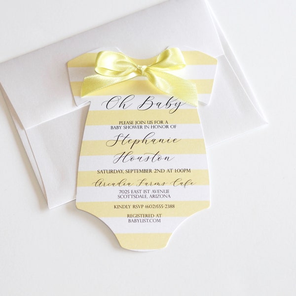 Yellow Baby Shower Invitation - Gender Neutral Baby Shower Invite - Onesie Invitation - Girl or Boy - Stripe Ribbon Bow - Handmade