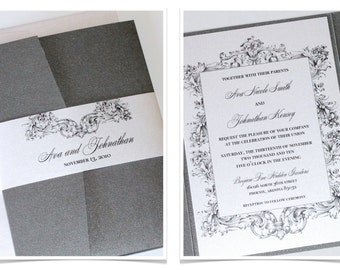 Vintage Wedding Invitation - Elegant Wedding Invitation - Romantic Wedding Invite - Lace Invitation - Pewter Grey White - Ava Sample