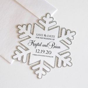 Snowflake Save the Date card - Winter Wedding Save the Date - Winter Wonderland Invitation - White Silver Glitter Die Cut - Frozen theme