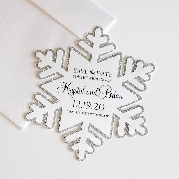 Winter Save the Date Cards Printed Cards Blue Silver Snowflake design on White