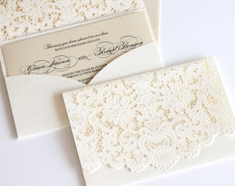 Lace Wedding Invitation | Laser Cut Pocket fold | Vintage Wedding Invitation | Elegant Wedding Invite Ivory | Damask Invite | GRACIE