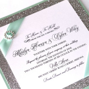 Marilyn Custom Glitter Wedding Invitation Couture Invitation Crystal Buckle Silver Glitter, Mint Green and White Sample image 3