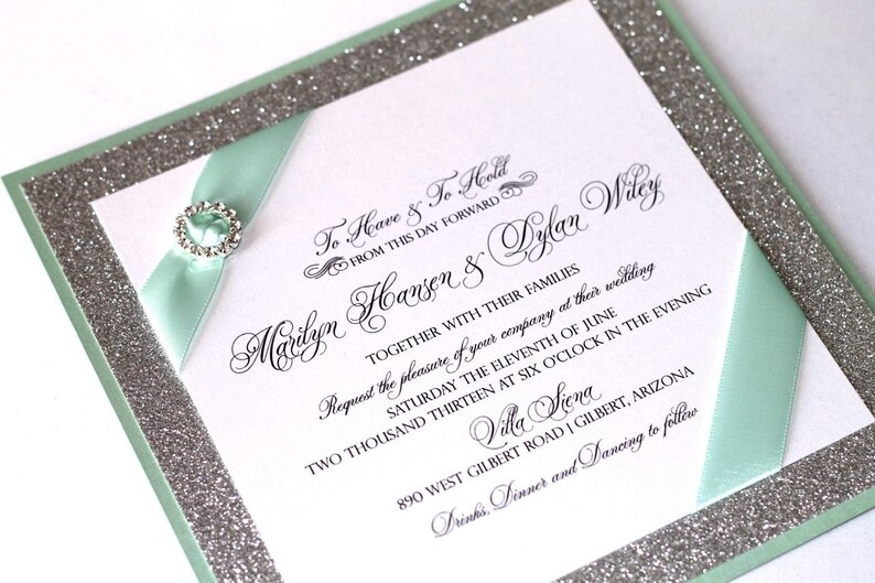 Marilyn Custom Glitter Wedding Invitation Couture Invitation Crystal Buckle Silver Glitter, Mint Green and White Sample image 3