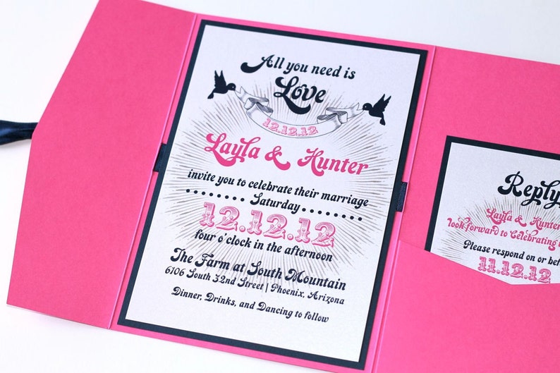 Layla Retro Vintage Wedding Invitation Pocket folder Hot Pink, Navy Blue and White Sample image 5