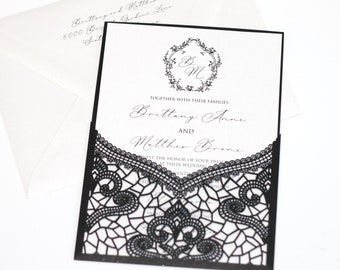 Black and White Wedding Invitation | Lace Laser cut Wedding Invite | Elegant Wedding | Classic Wedding | Black tie | Brittney | Printed