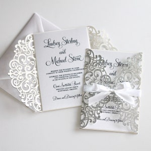 Silver Glitter Invitation | Lace Wedding Invitation | Elegant Wedding Invite | Laser Cut Wedding Invitation | White Silver  | LINDSEY