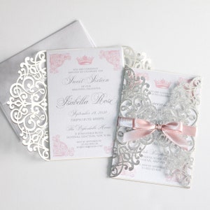 Sweet 16 Invitations  Laser Cut Glitter Invitation  Couture Invite  Vintage Sweet Sixteen  Quinceanera  Light Pink White Silver Invite
